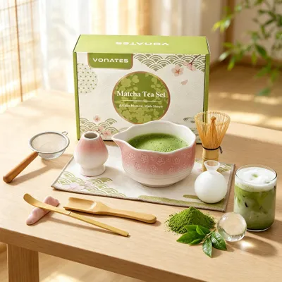 Produktbild von VONATES 9-tlg. Matcha Set mit Schale, Bambusbesen, Besenhalter, Matcha Löffel, Sieb, Tuch & Eisform, Teezeremonie Geschenk (Pink Farbverlauf)