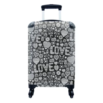 Produktbild von MuchoWow® Koffer Handgepäck Trolley Rollkoffer Kleine Reisekoffer mit 4 Rollen - Liebe - Muster - Schwarz - Weiß - Cabin Size < 55x40x23 cm & 55x40x20 cm - Fotokoffer - Kabinenkoffer - Boardgepäck - Reise-Box - Reisekoffer - Reisegepäck - Koffer mit Bild - Trolley für Kinder