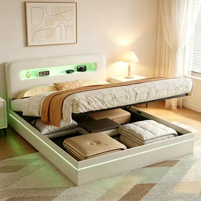 Immagine prodotto di Letto imbottito INONEFT 140x200 con spazio contenitore e luci LED, letto con sistema di sollevamento idraulico, letto matrimoniale, struttura letto, letto con rete a doghe, velluto, beige