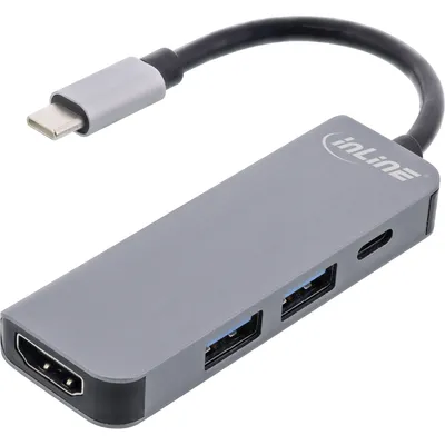 Produktbild von INLINE Multifunktions-HUB USB 3.2 Gen.1 2x USB-A 5Gbps HDMI 4K 30Hz USB Type-C PD 87W aluminium grau