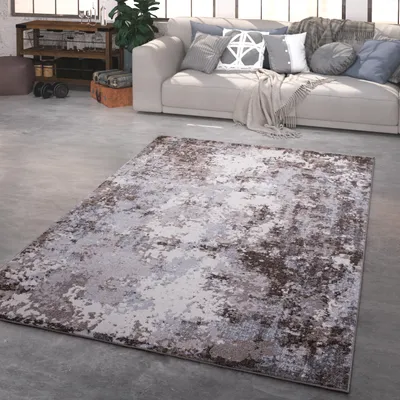 A modern living room with a sofa and a rug.