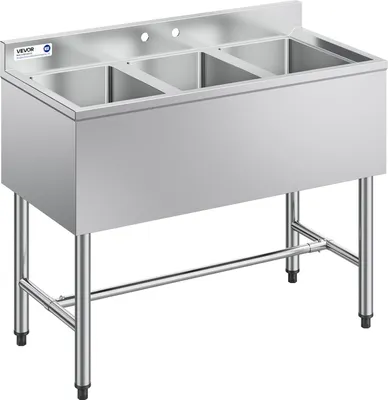 Obrázek produktu pro VEVOR dřez se 3 vaničkami, ochranným krytem proti stříkající vodě a účinným odtokem, kuchyňský dřez (978 x 470 x 838 mm), kuchyňský dřez pro restaurace, pojízdné stánky s občerstvením, soukromé použití, nerezový dřez