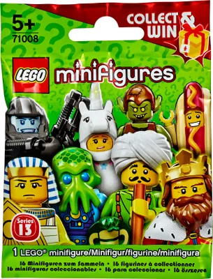 A sealed bag of LEGO Minifigures Series 13, showing various minifigure characters.