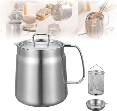 Produktbild von Ölaufbewahrung,2L Edelstahlkanne mit Feinsiebfilter,Ausgießer und Frittierkorb für sauberes und effizientes Kochen,Fritteuse Edelstahl