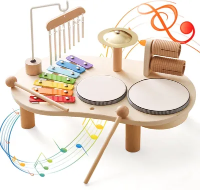 Produktbild von Musikinstrumente, Holztrommelset mit Xylophon, für Kinder 1-3 Jahre, Lernspielzeug
