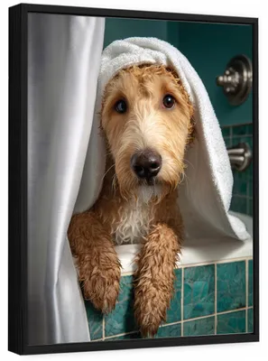 Produktbild von Bilder mit Rahmen Hund Bad Lustig - 60x90 cm - Wandbilder Badezimmer WC - Leinwand Bilder mit Rahmen Grün - PPR16587O22