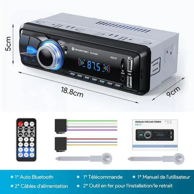 Obrázek produktu pro Autorádio s Bluetooth 5.0, 1 DIN, 9–12 V, 2 USB/AUX/SD/TF/MP3, kompatibilní s iOS/Android