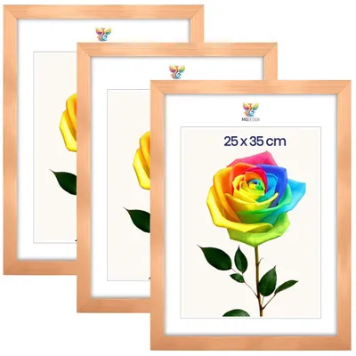 Produktbild von MG Design 3er Set Bilderrahmen 25 x 35 cm - Fotorahmen mit Natur Echtholzrahmen und bruchsicherem Acrylglas, Hoch & Quer zum Aufhängen, zum Aufstellen