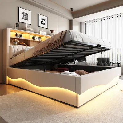 A bedroom scene with a bed that has its storage compartment open, revealing stored items. The bed has LED lighting around its base and integrated lighting in the headboard.