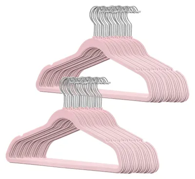 Produktbild von 50 Stück hochwertige Samt Kleiderbügel in der Farbe Rosa mit Silber Haken/Anti-Rutsch/von StickandShine