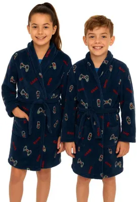 Productafbeelding van Unyqoos® Kinderbadjas voor tieners – blauw, 100% fleece, met game-print, warme capuchon, met riem, maten 140–176