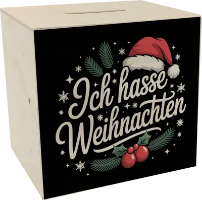 Produktbild von Ich hasse Weihnachten Spardose aus Holz mit Weihnachtsmannhut