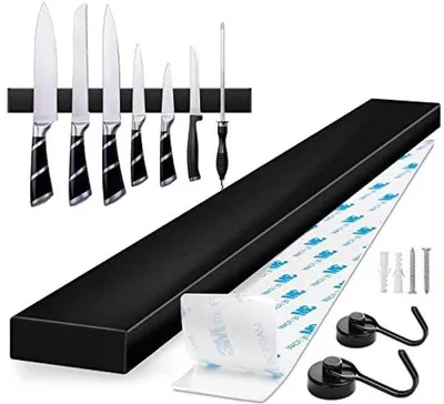 Produktbild von Magnetische Wandhalter für Messer - 40 cm schwarzer Stahlhalter mit starken Magneten und Haken