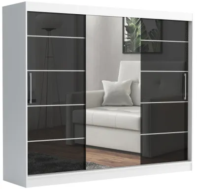 Produktbild von Schwebetürenschrank TOMY, 2-türig, 235 cm, Weiß / Schwarz Hochglanz, mit 4 Schubladen, Spiegel, Kleiderstangen und Regalen, ideal für Schlafzimmer
