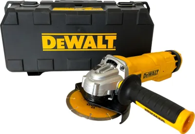 A DeWALT angle grinder and its carrying case are displayed against a white background.