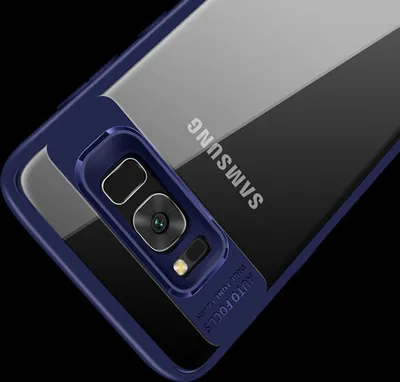 Close-up of the back of a blue phone case on a Samsung Galaxy S8.