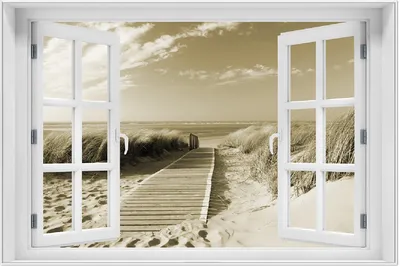 Produktbild von Wallario Wandbild mit Fenster-Illusion: Auf dem Holzweg zum Strand in Sepiafarben, Größe: 61 x 91,5 cm, Poster mit weißem Aluminiumrahmen