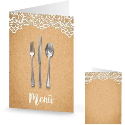 Produktbild von 10 Stück Menükarten shabby vintage Kraftpapier weiße Spitze Optik DIN A4 geklappt DIN A5 Hochzeit Kommunion Firmung Taufe Geburtstag hellbraun braun creme-farben20 Stück