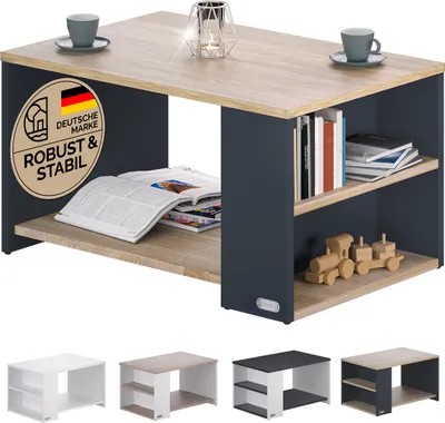Produktbild von CASARIA® Couchtisch Grau Holz mit Stauraum 2 Fächer 90x60x50cm Kratzfest 50kg Belastbar Rechteckig Ablage Beistelltisch Wohnzimmer Sofa Couch Tisch