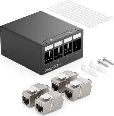 Produktbild von deleyCON 4 Port CAT7 Patchpanel Set mit 4x CAT.7 RJ45 Keystone Jack Modul STP 10 Gbit/s - Verteilerfeld Kompatibel mit Verlegekabel CAT6 CAT6a CAT7 CAT8 Ethernet LAN DSL Netzwerkkabel - Schwarz