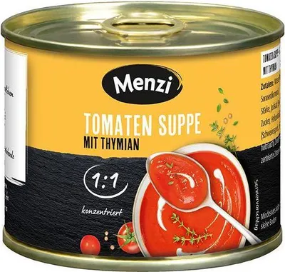 Produktbild von Menzi Tomaten Suppe mit Thymian 1000 Ml Dosen Fruchtig - Säuerlich Konzentriert - in der praktischen 5er Stange = 5 Dosen à 200 ml Glutenfrei Frei von Ei