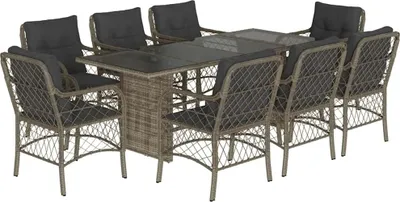 Obrázok produktu pre vidaXL 9-dielna záhradná jedálenská súprava s vankúšmi Grey Poly Rattan