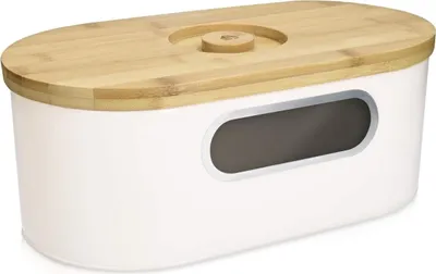 Productafbeelding van Lunchbox met bamboe deksel - Broodtrommel - Snijplank - Transparant venster - Vintage stijl - Crèmekleur