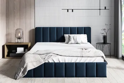 Zdjęcie produktu dla BETTSO Łóżko tapicerowane z eleganckim wzorem w pasy NINA 180 x 200 cm Niebieskie Granatowe