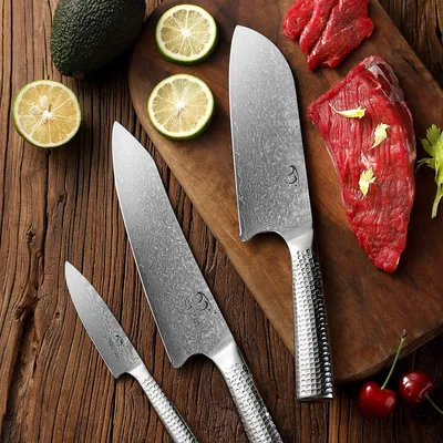 Produktbild von Professionelles 3-teiliges Küchenmesserset aus Damaststahl - Kochmesser, Santoku-Messer und Schälmesser, Hochwertige Edelstahlmesser mit ergonomischen Griffen