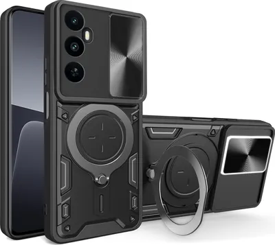 Produktbild von Handyhülle für Realme C65 4G Dual-Layer Stoßfest Rüstung Hülle mit Dia Kameraschutz und Kreisförmig Ring Ständer Schwarz