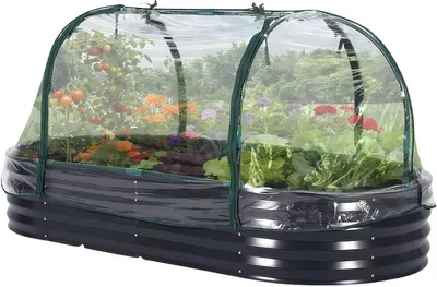 Produktbild von Erhöhtes Gartenbeet – Für Gemüseanbau im Garten – Mit Abdeckung & Reißverschluss – Offene Basis – Verzinkter Stahl – Oval – Grau – 240x120x60 cm
