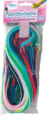 Produktbild von folia 731100 - Basic Mix Scoubidou Flechtschnüre, opak/transparent, 100 Stück sortiert in 10 verschiedenen Farben - ideal zum Flechten von Armbändern, Schlüsselanhängern, usw.