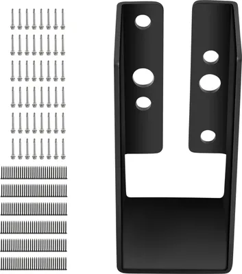 A black metal bracket and a collection of silver screws on a white background.
