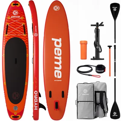 Obrázek produktu pro PEME Stand Up Paddle Board – Sunset Orange – 350 cm – dvojité pádlo a kompletní příslušenství, SUP, nafukovací surfové prkno, nosnost až 166 kg – červená a oranžová