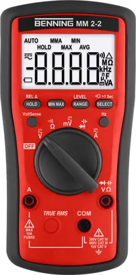 A digital multimeter is shown against a white background.