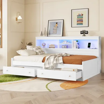 Produktbild von STILVORA Schlafsofa 90×200cm Tagesbett Kinderbett mit LED-Leuchten, Daybett Holzbett mit Stauraum & Steckdose + USB, Weiß (Mit Matratze)