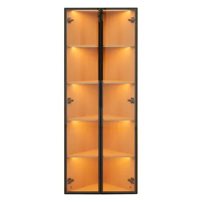 Produktbild von Flieks Glasvitrine mit LED-Beleuchtung 62x35x160 cm, Eckschrank Badschrank mit 2 Türen, Standschrank Hochschrank Holzfarbe Naturbelassen