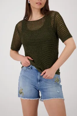 Produktbild von Monari Pullover Rundhalsausschnitt Ajour-Struktur glänzend olive Größe 36