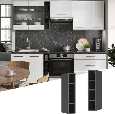 A modern kitchen scene with white cabinets, a black marble backsplash, and stainless steel appliances.