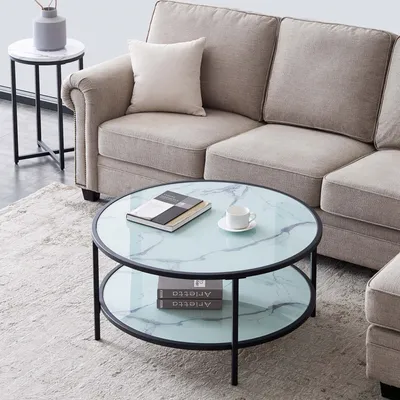 Produktbild von Couchtisch, Tischplatte aus Temperglas, Marmoroptik, rund Ø85 cm, Sofatisch mit Ablageboden, Beistelltisch, Kaffeetisch, Wohnzimmertisch