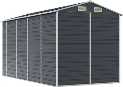 A dark gray metal shed with silver trim, shown from a slight angle.