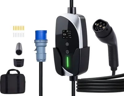 Obrázok produktu pre SucceBuy Mobile Wallbox, 7,4 kW, 32 A, nabíjací stanica typu 2, prenosná jednofázová nabíjačka s 6 m káblom, konektor CEE, LCD displej, riadiaca jednotka IP66, napájanie pre elektrické vozidlá