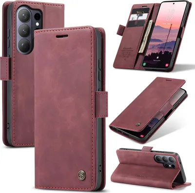 Produktbild von Hülle für Samsung Galaxy S26 Ultra Retro Kunstledertasche mit Standfunktion Schutzhülle Rot