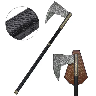 Zdjęcie produktu dla Podwójny topór Gimli inspirowany Władcą Pierścieni - dekoracyjny topór 90 cm wykonany ze stali nierdzewnej z mocowaniem ściennym - JT6369 kolekcjonerski przedmiot dekoracyjny fantasy