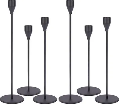 Zdjęcie produktu dla Zestaw 6 czarnych metalowych świeczników przeznaczonych do świec stożkowych, po 2 sztuki w 3 różnych wysokościach (9.45"/11.42"/13.28"), pasujące do świec o średnicy 3/4"–7/8", podstawa o średnicy 3.15"/8 cm