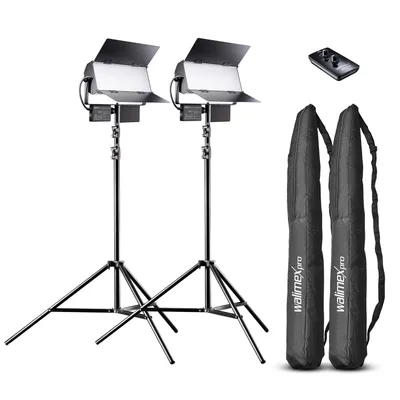 Produktbild von Walimex pro LED Sirius 160 Daylight Flächenleuchte 2er Set mit 2x Lampenstativ und Fernbedienung, 65 W Flächenlicht, Tageslicht Videoleuchte 5600 K, Studioleuchte mit Aluminium-Gehäuse