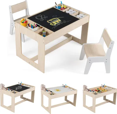 Produktbild von COSTWAY 3 in 1 Kindertisch mit 2 Stühlen, Kindersitzgruppe, Kinder Tisch Stuhl Set mit Stauraum, Tischplatte & Trennwänden für Kinder ab 3+, Natur