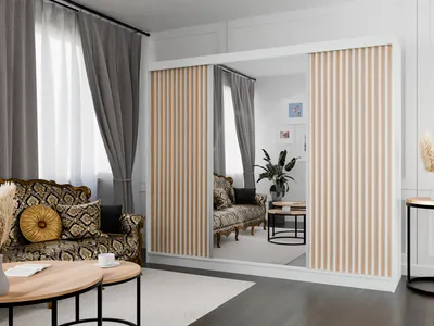 Produktbild von Kleiderschrank Lili mit Lamellen 250 cm inklusive 3 Schiebetüren Schwebetürenschrank Kleiderstange Garderobe Schrank Lieferung bis in die Wohnung (Farbe: weiß, weiß, Lamelle wotan, Spiegel)
