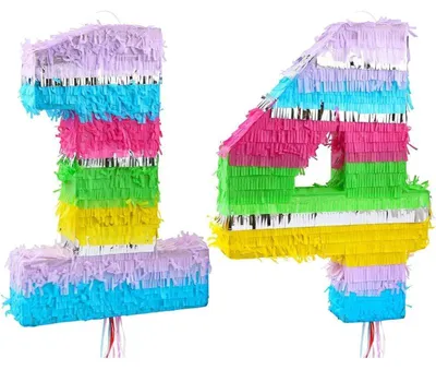 Produktbild von 2er Set Papier Pinata in Form der Zahl 14, bunt pastell, 50x35x7,5 cm, ungefüllt