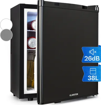 A black mini-refrigerator with its door open, showing cans and bottles inside. There are two circular overlays on the left side, one white and one gray, and two blue informational overlays on the right side.